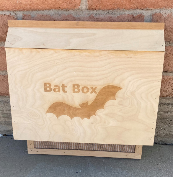 square box 16 wide by 14 high by 4 deep with silhouette of a bat and the words Bat Box on the front