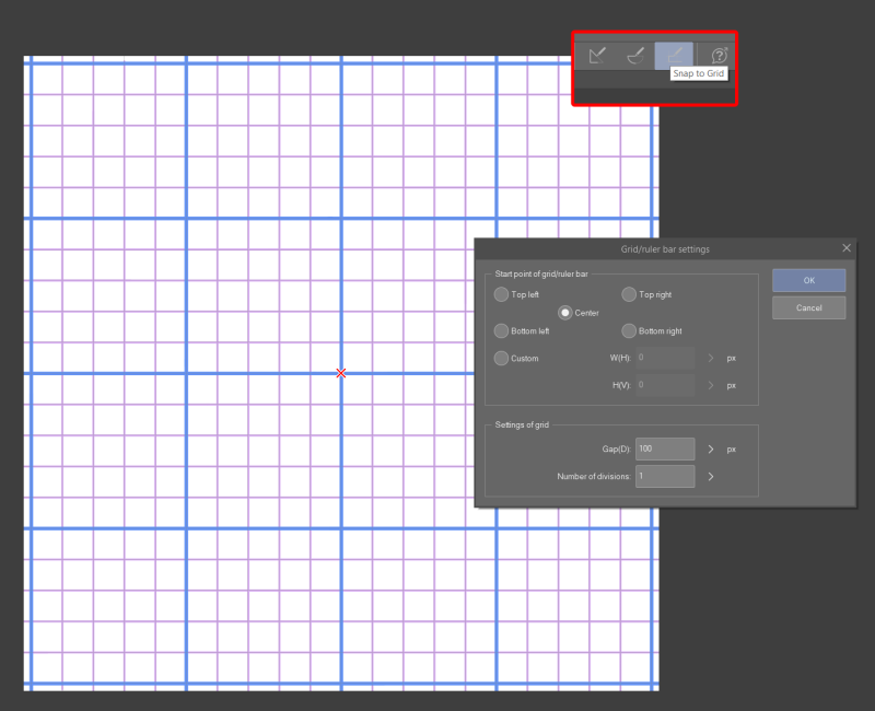A grid of 100 x 100 px squares. The cut out showing the "Grid/ruler bar settings" has options set as follows: "Start point" is set to "Center", "Gap" is set to "100px", "Number of Divisions" is set to "1". Another cutout shows the "snap" hot keys with "Snap to Grid" selected.